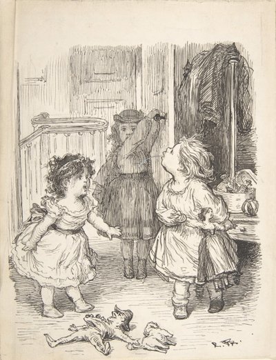 Tre små jenter i et rom som krangler og spytter, 1835-1903. av Lorenz Frølich
