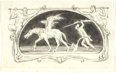 Vignett av en utslitt Pegasus foran en plog drevet av en mann i høy hatt, bevæpnet med en stor penn av Lorenz Frølich