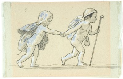 Vignett med gående gutt og jente som holder hender av Lorenz Frølich