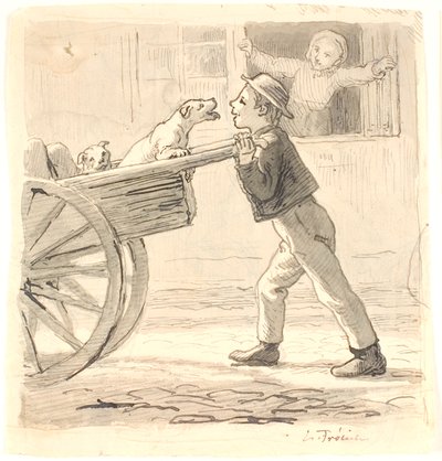 En gutt dytter en vogn med hunder av Lorenz Frølich
