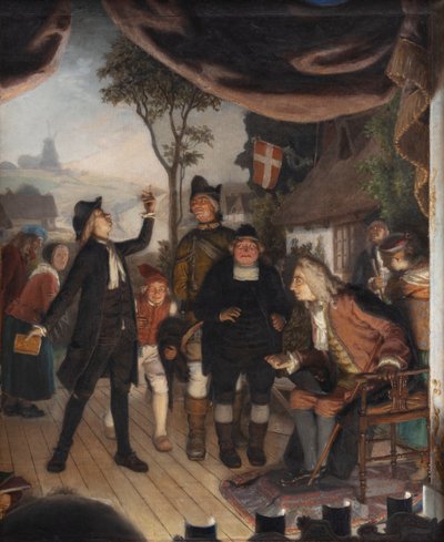 Ludvig Holberg deltar på en repetisjon av hans skuespill Erasmus Montanus, akt IV, scene 2 av Lorenz Frølich