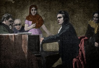 Ludwig van Beethoven spiller Moonlight-sonaten - gravering etter Lorenz Vogel - Ludwig van Beethoven (1770-1827), tysk musiker, spiller sonaten i UT-moll (Moonlight - Moonlight) etter maleriet av Lorenz Vogel (1846-1902) av Lorenz Vogel