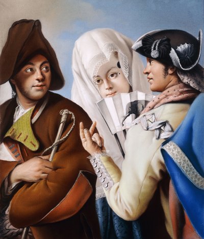 En gentleman i en frygisk panser blir tiltalt av en gentleman i en gul frakk og svart tricorn lue med en dame i en blå brokadekjole og hvit mantilla, av Lorenzo Baldissera Tiepolo
