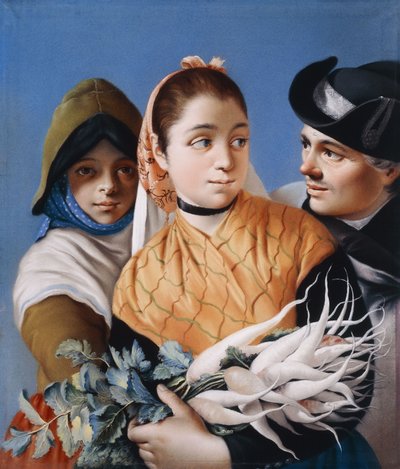 En jente i et oransje sjal som holder kålrot, en jente i en grønn panser og kjole og en herre i svart trehjørningshatt, av Lorenzo Baldissera Tiepolo