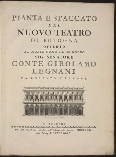 Plan og tverrsnitt av det nye teatret i Bologna av Lorenzo Capponi, after Antonio Galli Bibiena