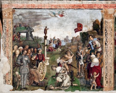 St. Ceciles liv: St. Valerianus og Tiburtius' martyrium (freskomaleri av Lorenzo Costa