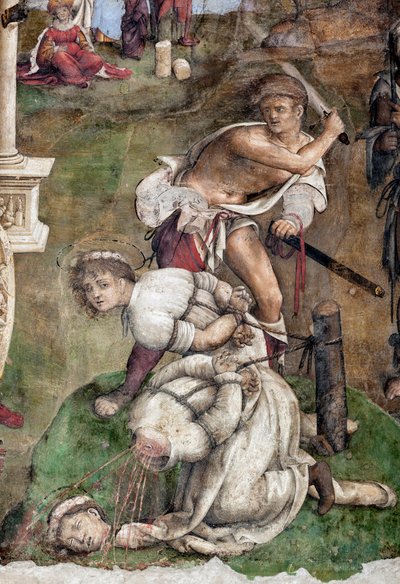 Life of St. Cecile: Martyrdom of St Valerian and Tiburtius, detalj (fresco av Lorenzo Costa
