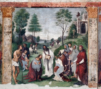 Life of St. Cecile: Urban I inviterer Valerian til å konvertere (fresco av Lorenzo Costa