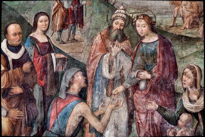 Saint Cecilia gir eiendelene sine til de fattige, detalj (fresco av Lorenzo Costa