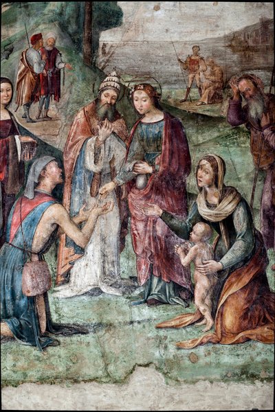 Saint Cecilia gir eiendelene sine til de fattige, detalj (fresco av Lorenzo Costa
