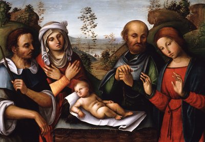 Tilbedelsen av Jesusbarnet (olje på tre) av Lorenzo Costa