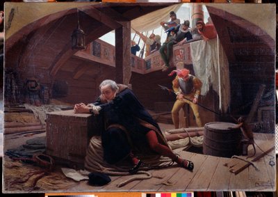 Oppdageren og navigatøren Christopher Columbus (Christopher Columbus, Cristoforo Colombo, Cristobal Colon) (1451-1506) som returnerer fra sin tredje reise er lenket i lasterommet av Lorenzo Delleani