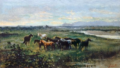 Wild Horses, ca 1870, av Lorenzo Gelati (1824-1893), olje på lerret overført på panel, 21x37 cm av Lorenzo Gelati