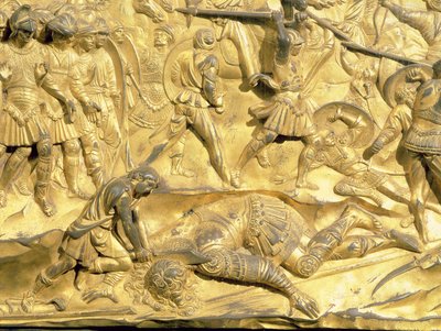 David og Goliat, detalj fra det originale panelet fra East Doors of the Baptistery, 1425-52 (forgylt bronse) (etter restaurering) av Lorenzo Ghiberti
