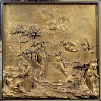 Historien om Adams liv: Adams fødsel, skapelsen av Eva og Adam og Eva jakter fra paradiset. Originalt panel av døren til Paradiset av Lorenzo Ghiberti