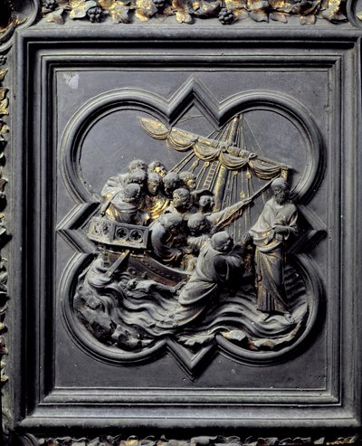Jesus går på vannet og redder Peter, åttende panel av norddørene til dåpskapellet i San Giovanni, 1403-24 (bronse) av Lorenzo Ghiberti