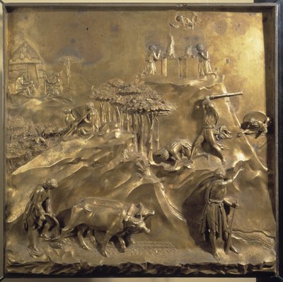 Livet til Kain og Abel: offeret, drapet på Abel og Gud som forviser Kain. Originalt panel av døren til Paradise av Lorenzo Ghiberti