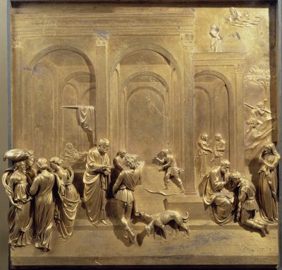 Livet til Jakob og Esau: Esau selger sin førstefødselsrett og Isak velsigner Jakob. Originalt panel av døren til Paradise av Lorenzo Ghiberti