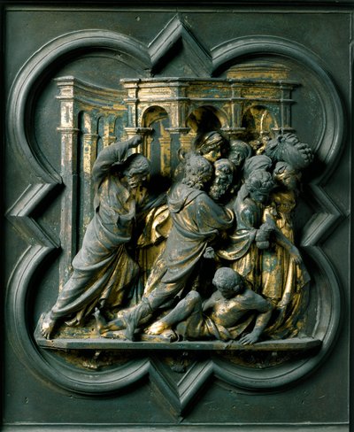 North Gate (kalt Gate of the Cross, i nord), ytre detalj: "" Jesus jager kjøpmenn fra tempelet""" Bronseskulptur laget av Lorenzo Ghiberti (1378-1455) av Lorenzo Ghiberti