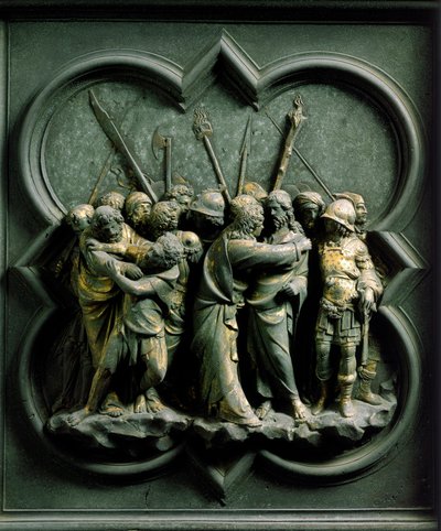 North Gate (kalt Gate of the Cross, i nord), utvendig detalj: "" The Kiss of Judas"" Bronseskulptur laget av Lorenzo Ghiberti (1378-1455) av Lorenzo Ghiberti