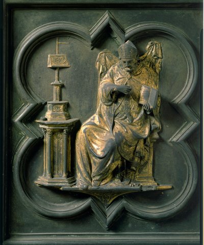 North Gate (kalt Gate of the Cross, mot nord), utvendig detalj: Saint Augustine. Bronseskulptur laget av Lorenzo Ghiberti (1378-1455) av Lorenzo Ghiberti