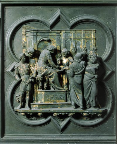 Nordport (kalt korsets port, i nord), ytre detalj: "Kristus står overfor Pontius Pilatus (Pontius Pilatius)" Bronseskulptur laget av Lorenzo Ghiberti (1378-1455) av Lorenzo Ghiberti