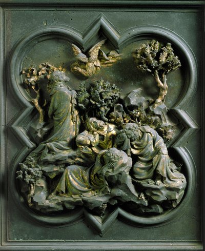 North Gate (kalt korsets port, i nord), ytre detalj: "Kristi bønn i olivenhagen"" Bronseskulptur laget av Lorenzo Ghiberti (1378-1455) av Lorenzo Ghiberti