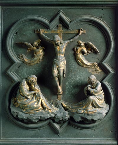 North Porte (kalt Gate of the Cross, i nord), eksteriørdetalj: "" the crucifixion"" Bronseskulptur laget av Lorenzo Ghiberti (1378-1455) av Lorenzo Ghiberti