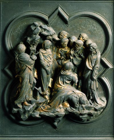 North Porte (kalt Gate of the Cross, i nord), eksteriørdetalj: "" Resurrection of Lazarus""" Bronseskulptur laget av Lorenzo Ghiberti (1378-1455) av Lorenzo Ghiberti