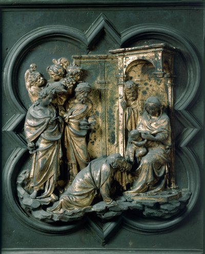 North Porte (kalt Gate of the Cross, mot nord), utvendig detalj: Adoration of the Magi. Bronseskulptur laget av Lorenzo Ghiberti (1378-1455) av Lorenzo Ghiberti