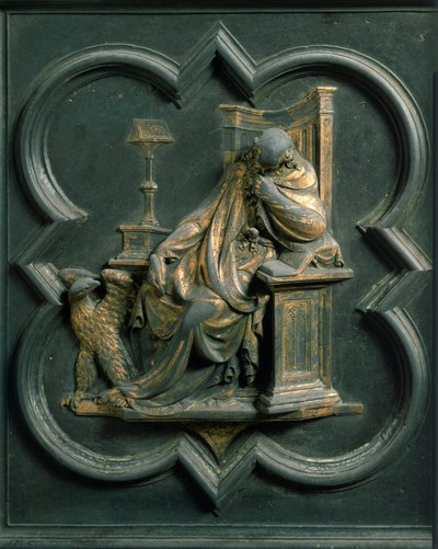 North Porte (kalt Gate of the Cross, mot nord), utvendig detalj: Saint John Evangelist. Bronseskulptur laget av Lorenzo Ghiberti (1378-1455) av Lorenzo Ghiberti