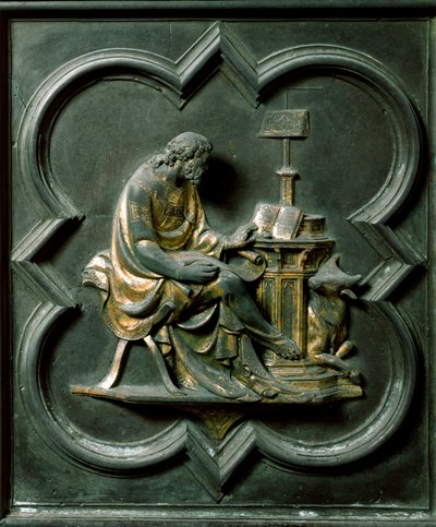 North Porte (kalt Gate of the Cross, mot nord), utvendig detalj: Saint Luke evangelist. Bronseskulptur laget av Lorenzo Ghiberti (1378-1455) av Lorenzo Ghiberti
