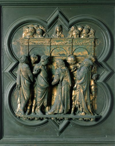 North Porte (kalt Porte de la Croix, i nord), eksteriørdetalj: "" Pentecote"" Bronseskulptur laget av Lorenzo Ghiberti (1378-1455) av Lorenzo Ghiberti