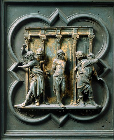 North Porte (kalt Porte de la Croix, i nord), eksteriørdetalj: "" la flagellation"" Bronseskulptur laget av Lorenzo Ghiberti (1378-1455) av Lorenzo Ghiberti