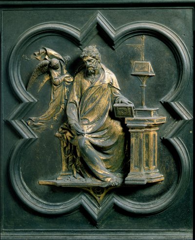 North Porte (kalt Porte de la Croix, mot nord), utvendig detalj: Saint Mathieu. Bronseskulptur laget av Lorenzo Ghiberti (1378-1455) av Lorenzo Ghiberti