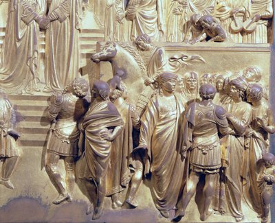 Møtet mellom kong Salomo og dronningen av Saba, detalj av de tilstedeværende, fra det originale panelet fra østdørene til dåpskapellet, 1425-52 restaurering av forgylt bronsestolpe av Lorenzo Ghiberti