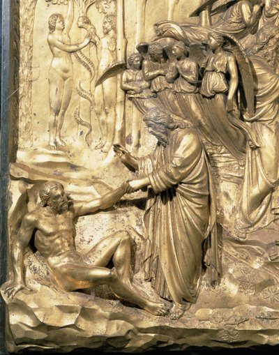 The Story of Adam, detalj av skapelsen av Adam og fristelsen til Adam og Eva, fra et av de originale panelene fra østdørene til dåpskapellet, 1425-52 restaurering av forgylt bronsestolpe av Lorenzo Ghiberti