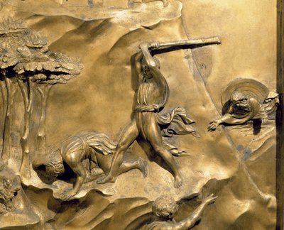 Historien om Kain og Abel, detalj om drapet på Abel, originalt panel fra østdørene til dåpskapellet, restaurering av forgylt bronsestolpe fra 1425-52 av Lorenzo Ghiberti