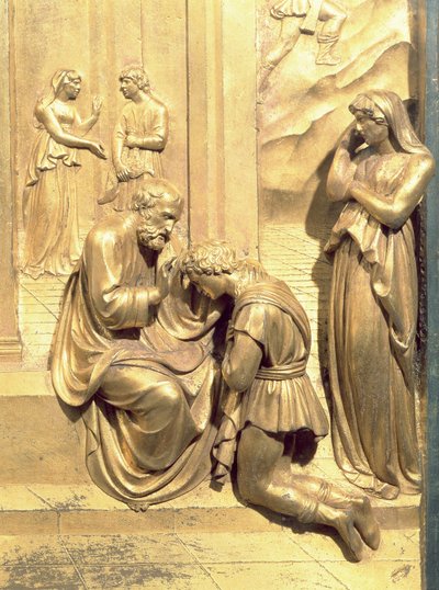 The Story of Jacob and Esau, detalj av Isaac Blessing Jacob, fra det originale panelet fra East Doors of the Baptistery, 1425-52 restaurering av forgylt bronsestolpe av Lorenzo Ghiberti