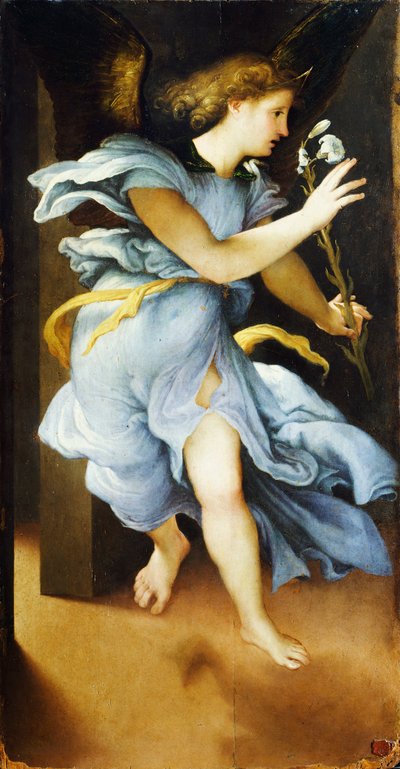 Annonsering engel, ca 1525, av Lorenzo Lotto (1480 ca- 1556), olje på panel, 82x42 cm av Lorenzo Lotto