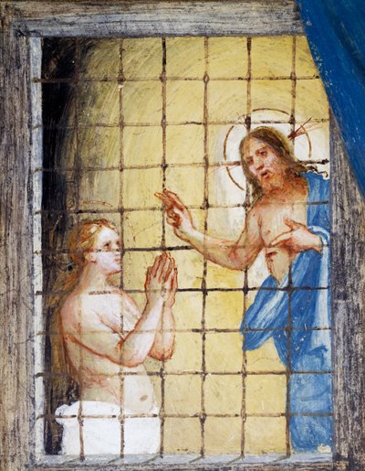 Kristus besøker St Barbara i fengselet og helbreder henne, detalj fra Stories of Saint Barbara av Lorenzo Lotto