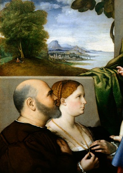Madonna og barn med to givere, av Lorenzo Lotto (1480 ca- 1556), olje på lerret, 857x1155 cm, detalj av Lorenzo Lotto