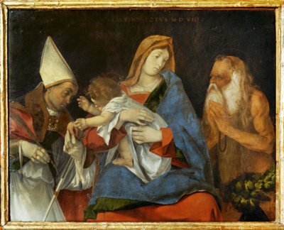 Madonna med barn, en helgenbiskop og eremitten Sankt Onofrio … av Lorenzo Lotto