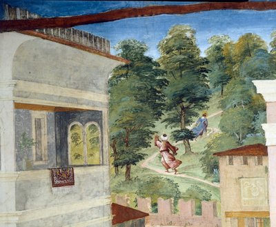 Saint Barbara blir jaget gjennom skogen, Christ-Vine og Legend of Saint Barbara av Lorenzo Lotto (ca 1480 - 1556), freskomaleri, detalj Villa Suardi, Suardi Chapel, Trescore Balneario, Italia av Lorenzo Lotto