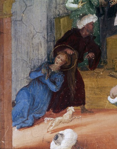 Santa Barbara blir dratt etter håret foran sorenskriveren, detalj fra Stories of Saint Barbara av Lorenzo Lotto