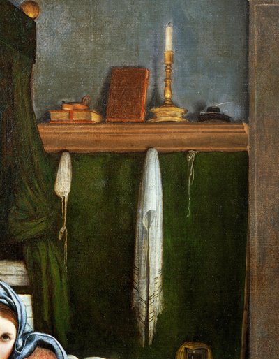 Hylle med kandelaber og bøker, detalj fra bebudelsen, ca 1434, av Lorenzo Lotto (1480-1556), olje på lerret av Lorenzo Lotto