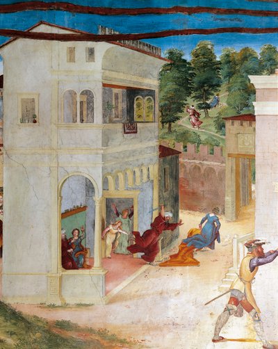 St Barbara angrepet av faren hennes, detalj fra Christ-Vine and Legend of Saint Barbara av Lorenzo Lotto (ca. 1480 - 1556), fresco, detalj, Villa Suardi, Capella Suardi, Trescore Balneario av Lorenzo Lotto