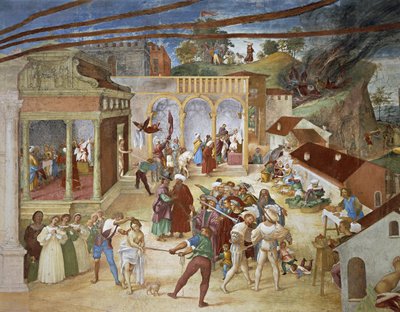 St Barbara ledes gjennom byens gater, detalj fra Christ-Vine og Legend of Saint Barbara av Lorenzo Lotto (ca. 1480 - 1556), fresco, detalj, Villa Suardi, Capella Suardi, Trescore Balneario av Lorenzo Lotto