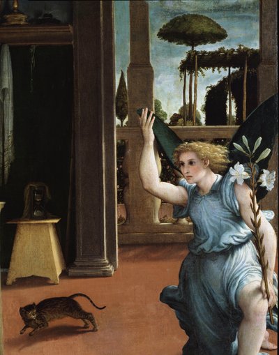 Bebudelsen, detalj av engelen av Lorenzo Lotto