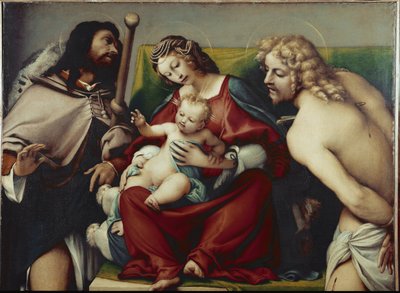 Jomfruen og barnet med St Roch og St Sebastian (cirka 1518, olje på lerret) av Lorenzo Lotto